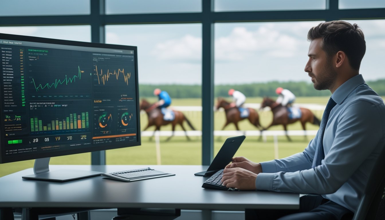 Seorang analis mempelajari data performa kuda dan joki di depan layar, dengan arena pacuan kuda terlihat di luar jendela.