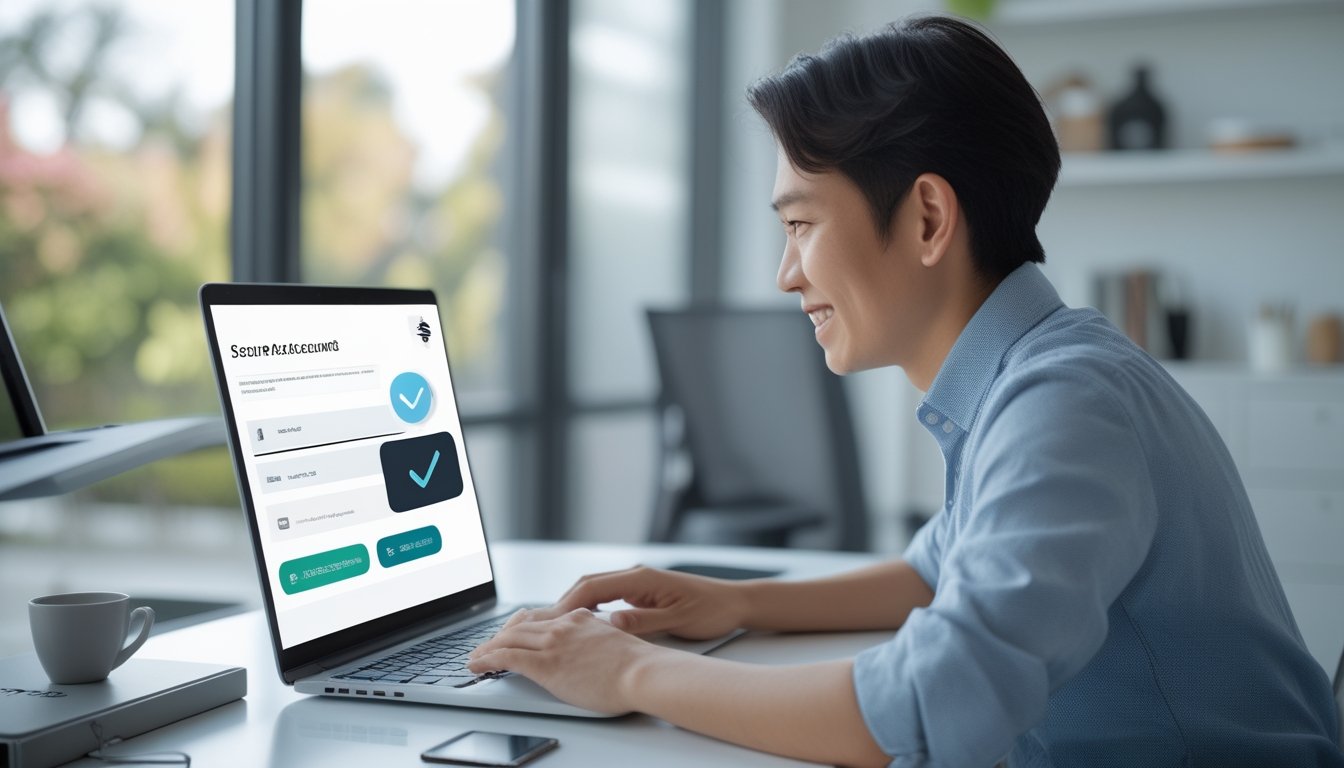 Seseorang menggunakan laptop untuk menyelesaikan pendaftaran akun daring dengan ikon keamanan di meja kerja modern.