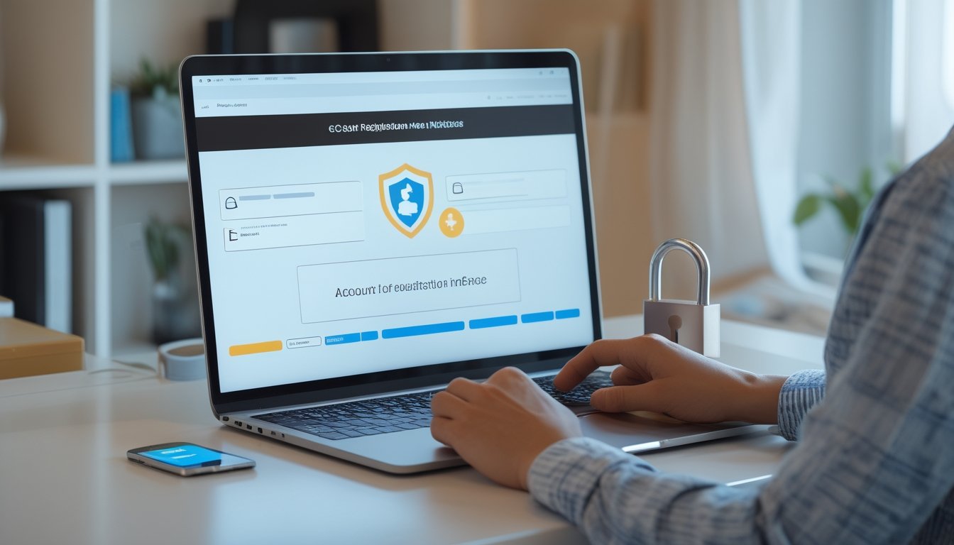 Pengguna sedang mendaftarkan akun pada laptop dengan simbol keamanan dan verifikasi di meja kerja.