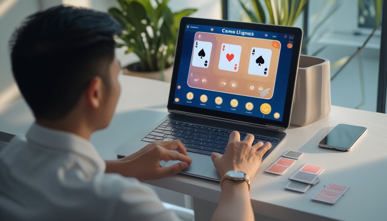 Seorang pemula memainkan permainan kartu digital di laptop pada meja kerja yang rapi.