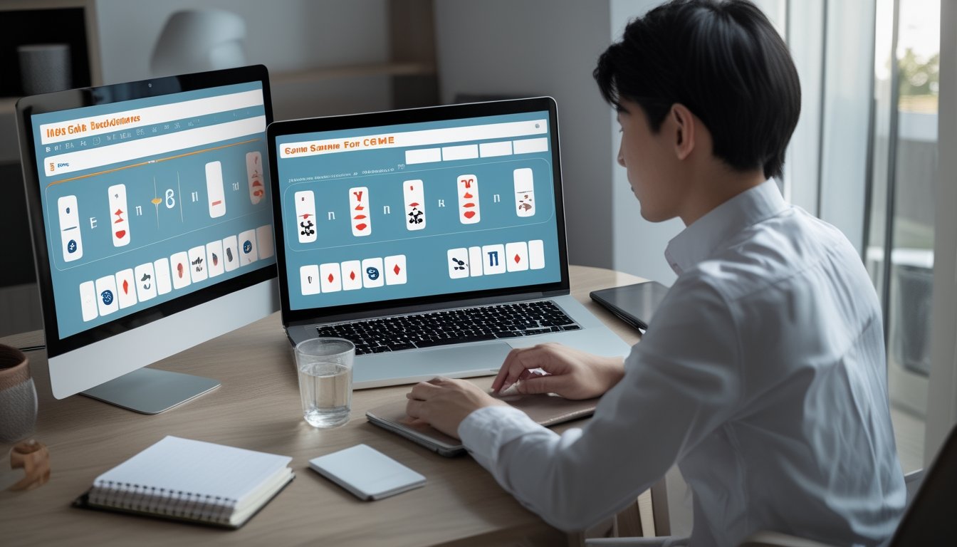 Pemula mempelajari permainan ceme online melalui laptop di meja kerja dengan catatan dan alat tulis.