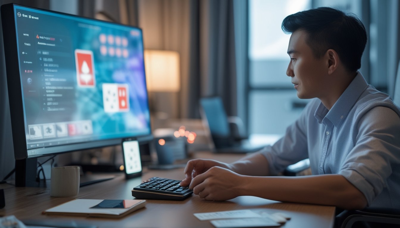 Seorang pemain fokus mempelajari kartu di meja dengan monitor buram dalam ruang kerja modern.