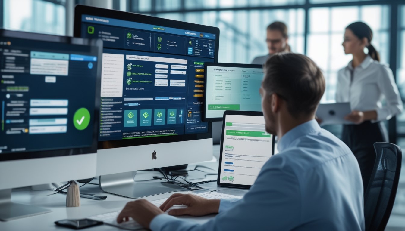 Tim kepatuhan meninjau dokumen lisensi dan keamanan platform permainan digital di kantor modern.