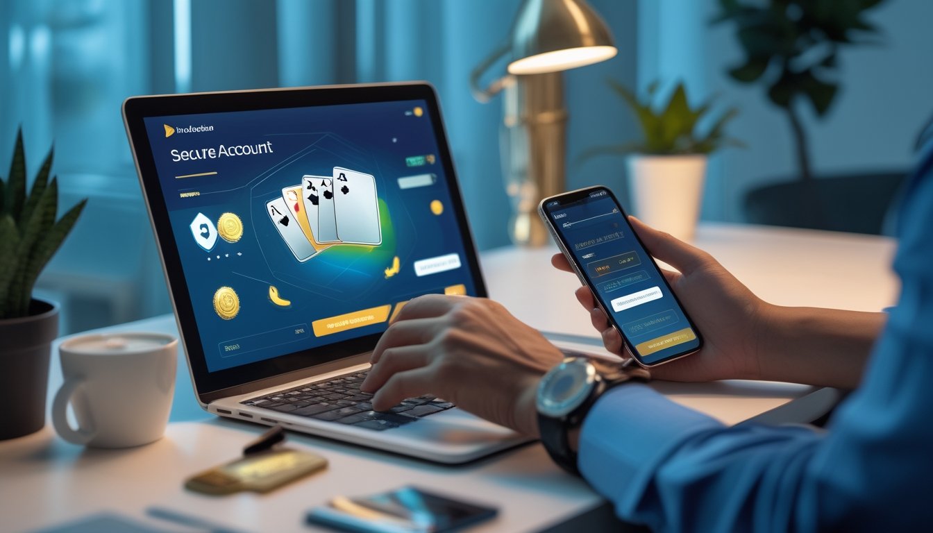 Perangkat laptop dan ponsel menampilkan permainan kartu digital dengan simbol keamanan di meja kerja modern.