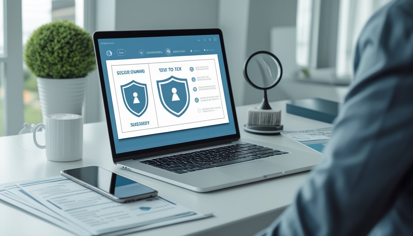 Laptop dengan ikon perisai dan gembok di meja kerja bersama ponsel serta dokumen yang diperiksa.