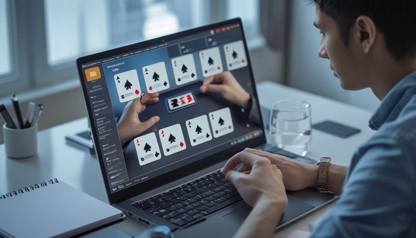 Seorang pemain mengamati meja permainan kartu digital di laptop dengan penuh konsentrasi.