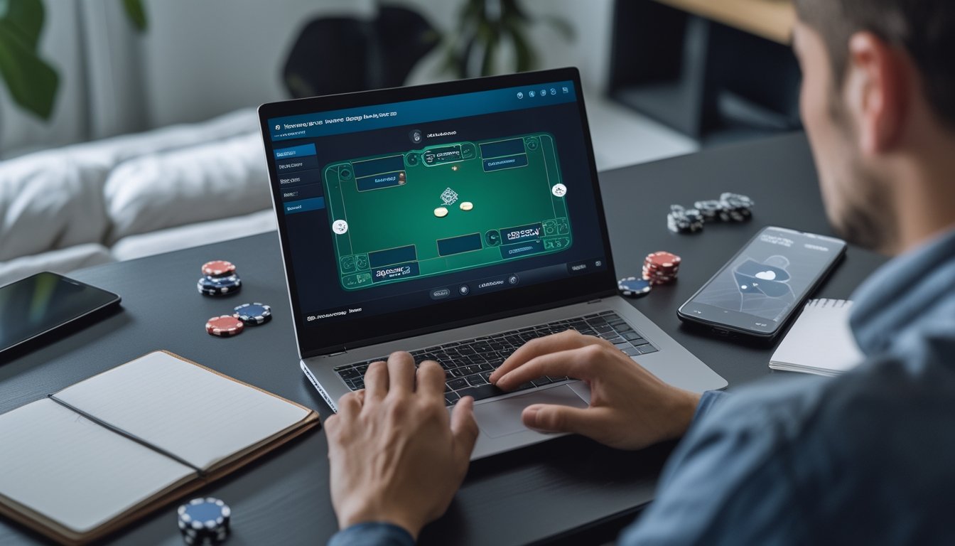 Seseorang mengamati permainan kartu digital di laptop dengan chip dan buku catatan kosong di meja.