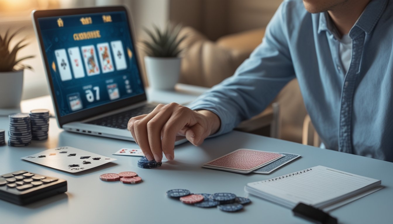 Seorang pemain mempelajari kartu dan chip di meja sambil melihat laptop dengan tampilan permainan kartu.