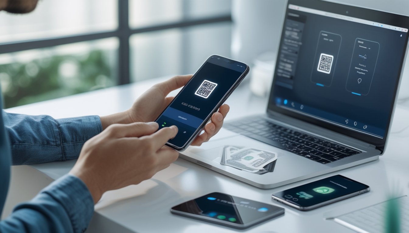 Seseorang menggunakan ponsel untuk melakukan pembayaran digital melalui kode QR dan dompet elektronik.