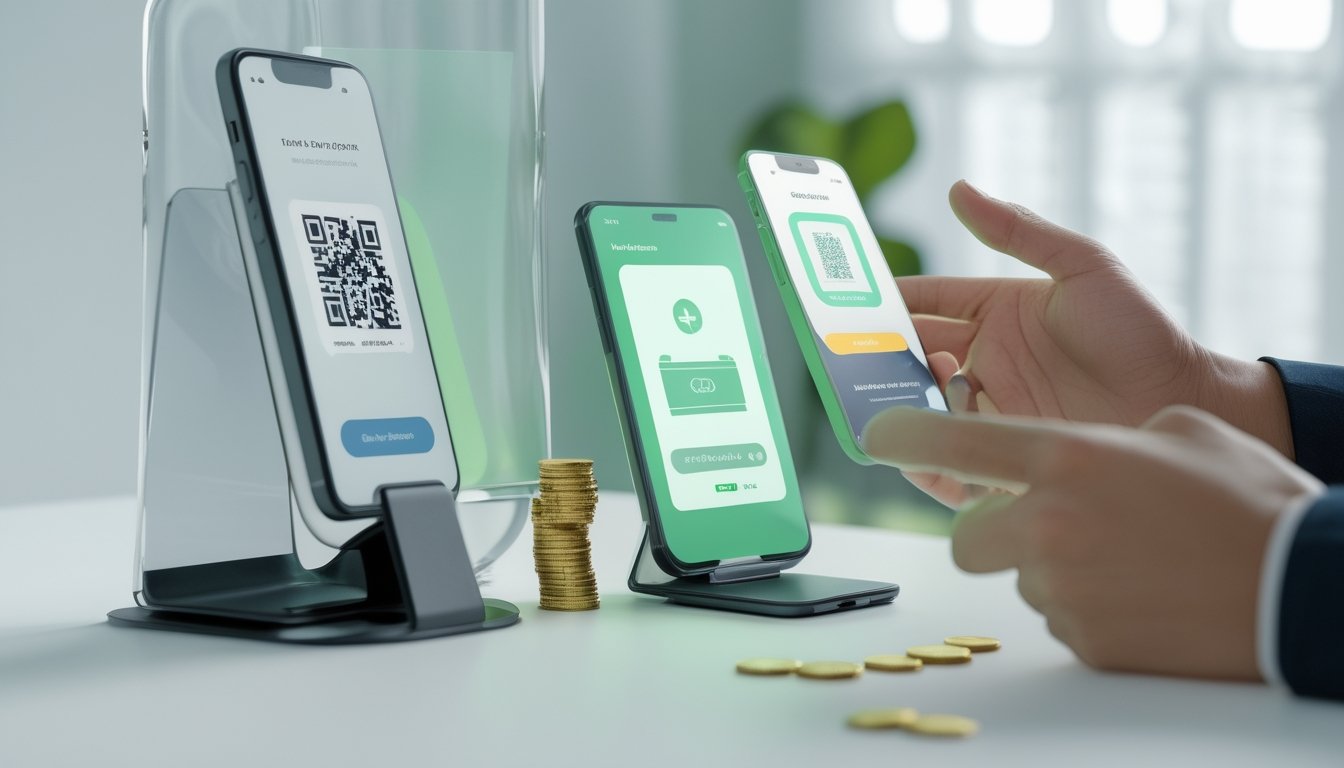 Seseorang menggunakan ponsel untuk melakukan pembayaran digital melalui kode QR di meja kerja modern.