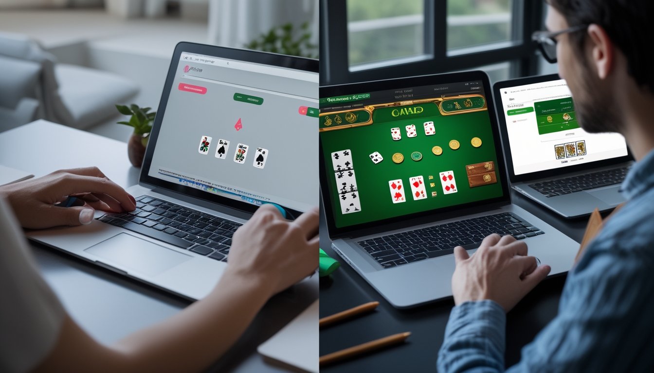 Seseorang membandingkan dua tampilan permainan kartu digital di laptop dengan catatan dan alat tulis di meja.