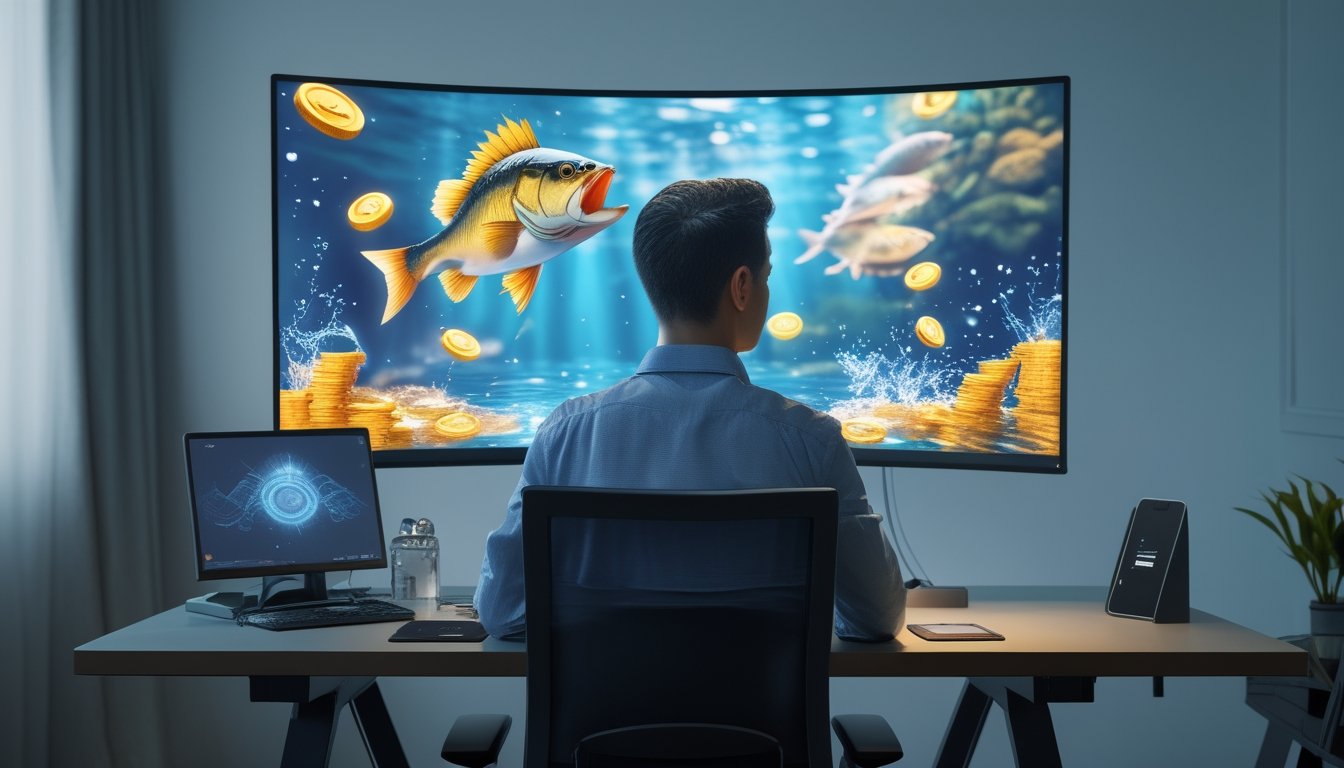 Seseorang memainkan permainan bertema memancing di depan monitor dengan ikan bass, koin emas, dan percikan air.