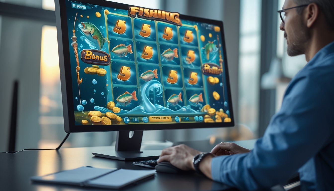 Seseorang mempelajari permainan slot bertema memancing pada layar komputer dengan ilustrasi ikan, koin, dan simbol bonus.