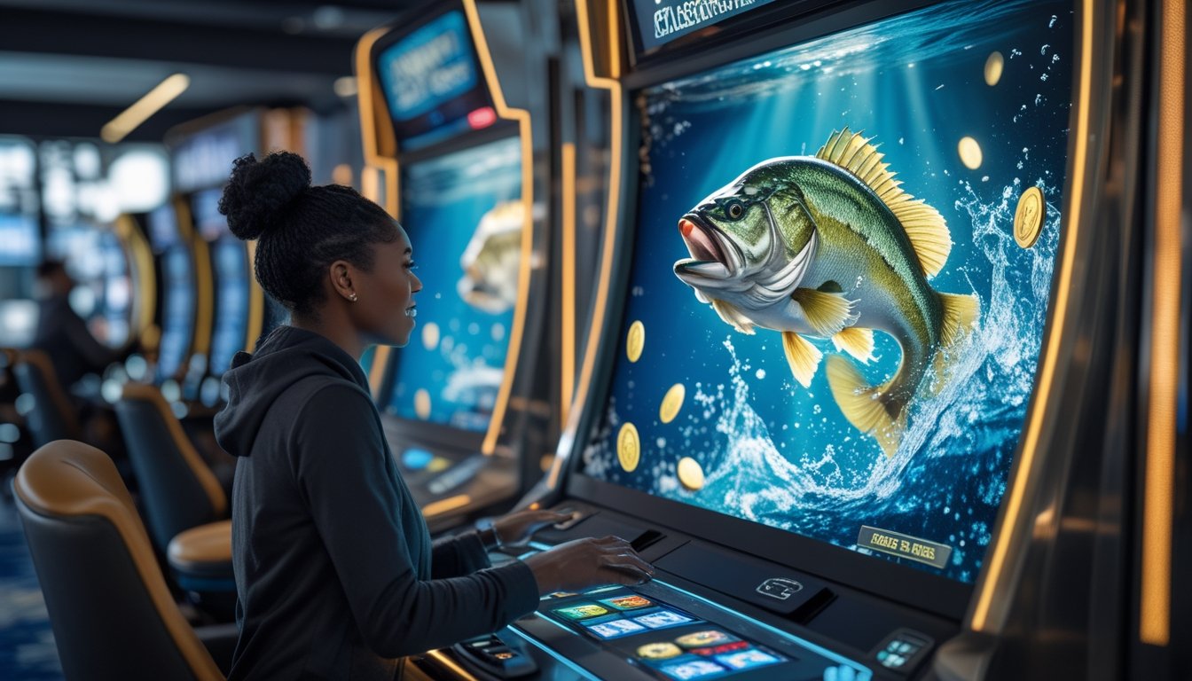 Seorang pemain dewasa memainkan mesin permainan bertema ikan bass dengan latar air biru dan koin berkilauan.