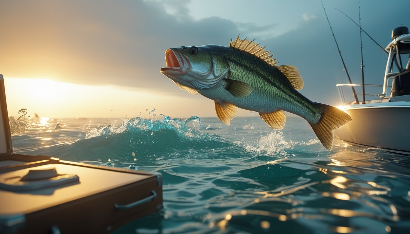Ikan bass besar melompat di atas air laut berkilau di samping perahu saat matahari terbit.