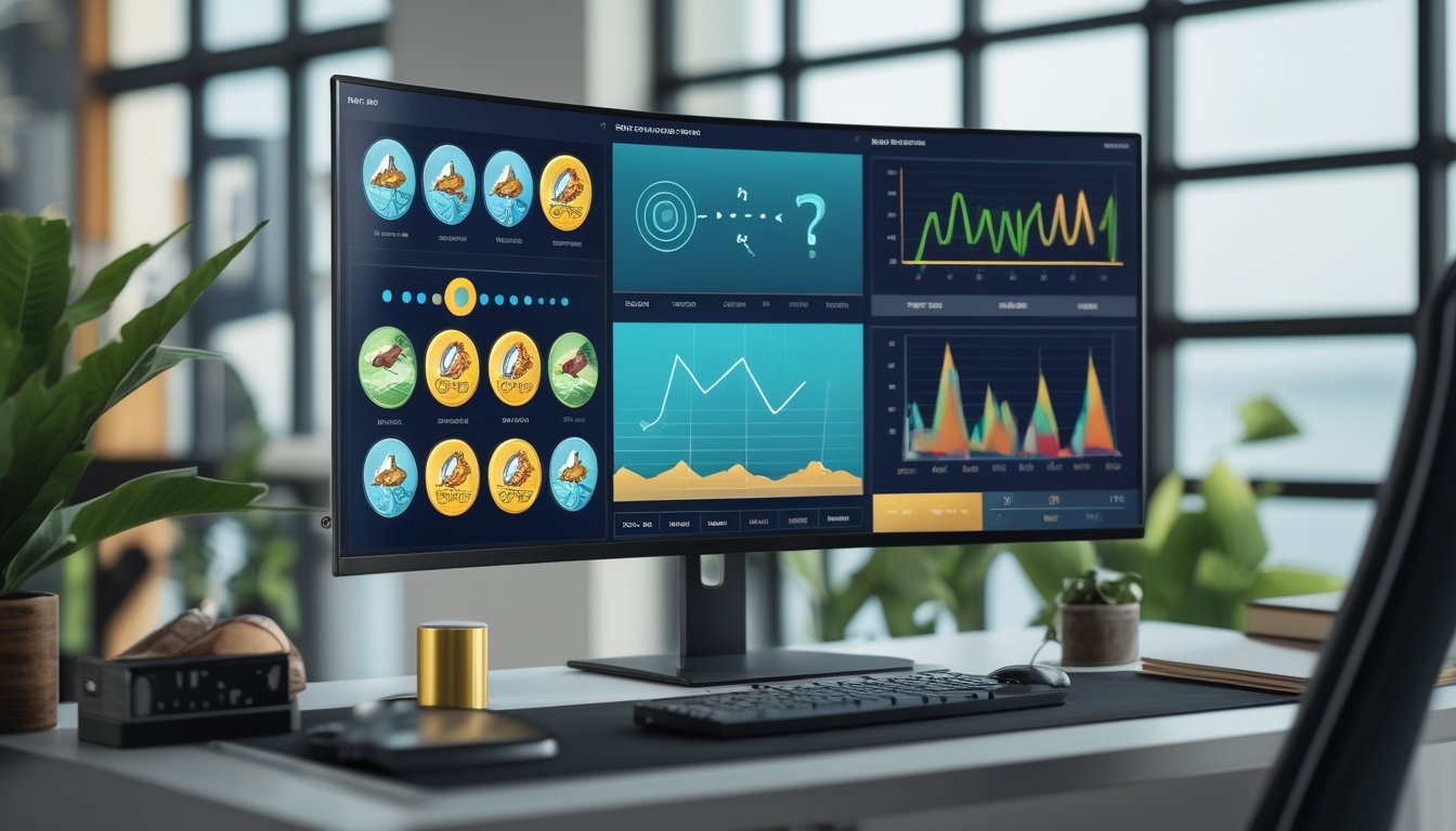 Monitor menampilkan analisis grafik RTP dan volatilitas permainan bertema memancing di meja kerja modern.