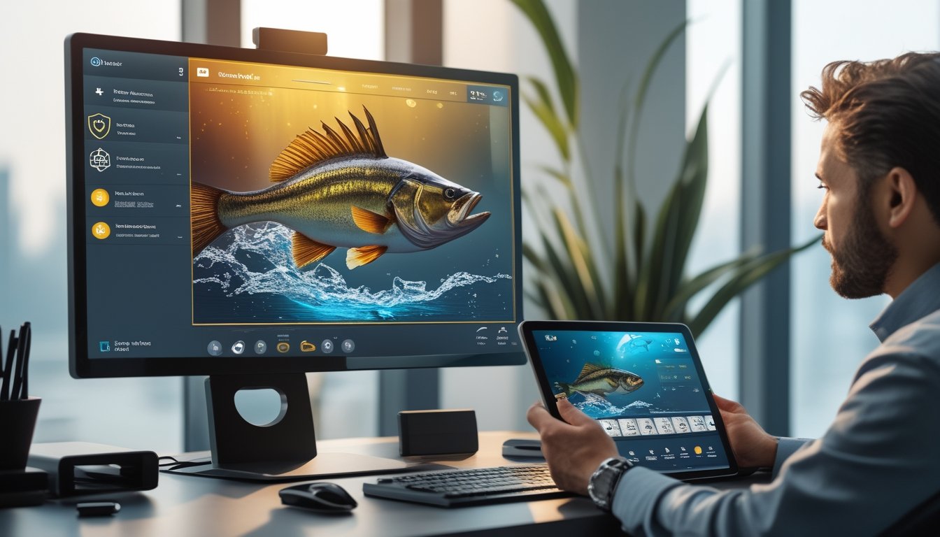 Seseorang meninjau platform permainan memancing bertema laut pada perangkat digital di meja kerja modern.