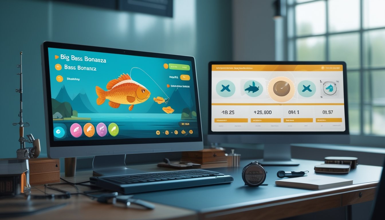 Laptop menampilkan permainan slot bertema memancing di meja kerja dengan perlengkapan memancing dan simbol verifikasi.