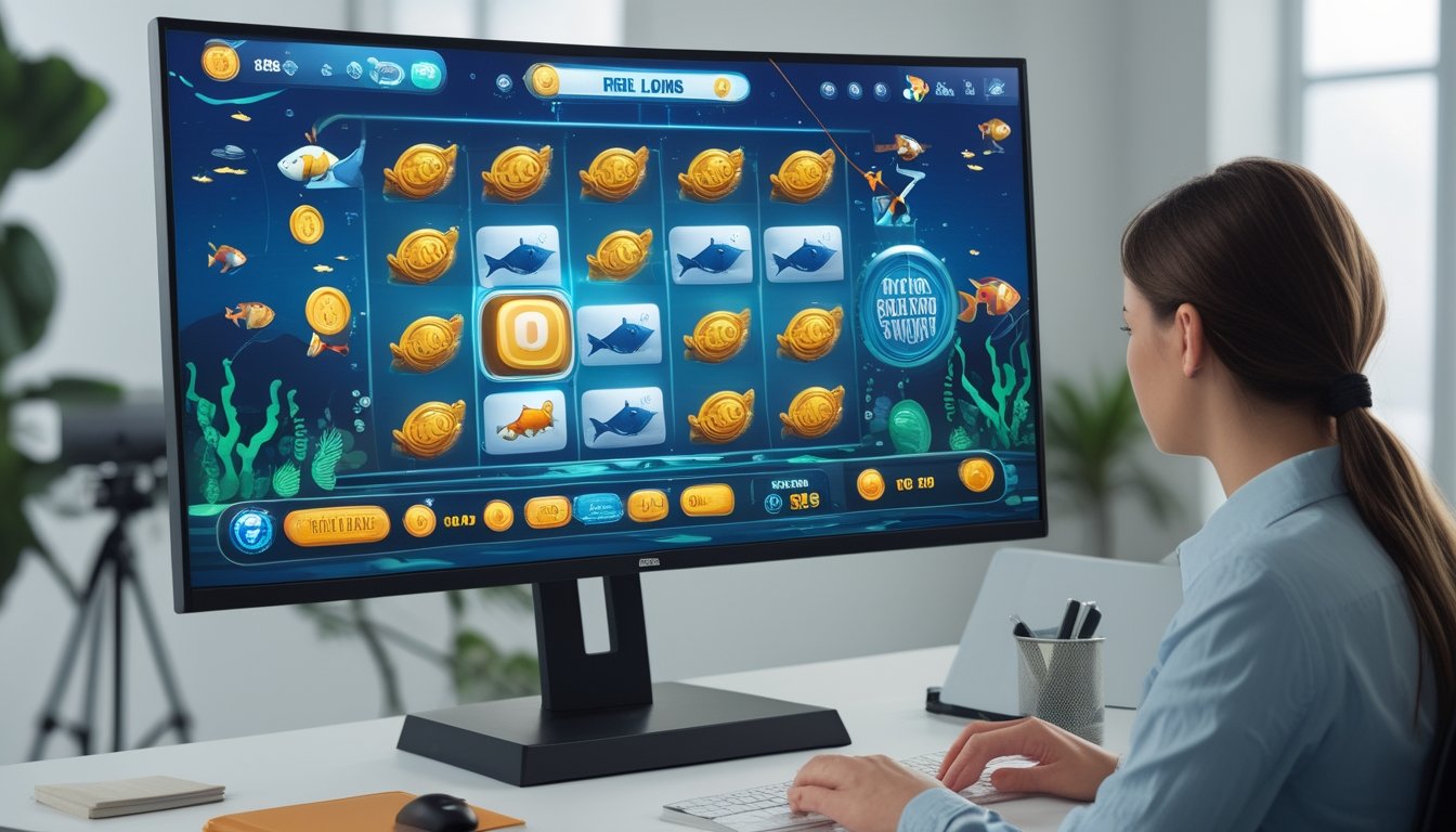 Seseorang mempelajari permainan slot bertema memancing pada monitor dengan simbol ikan, koin, dan fitur bonus.