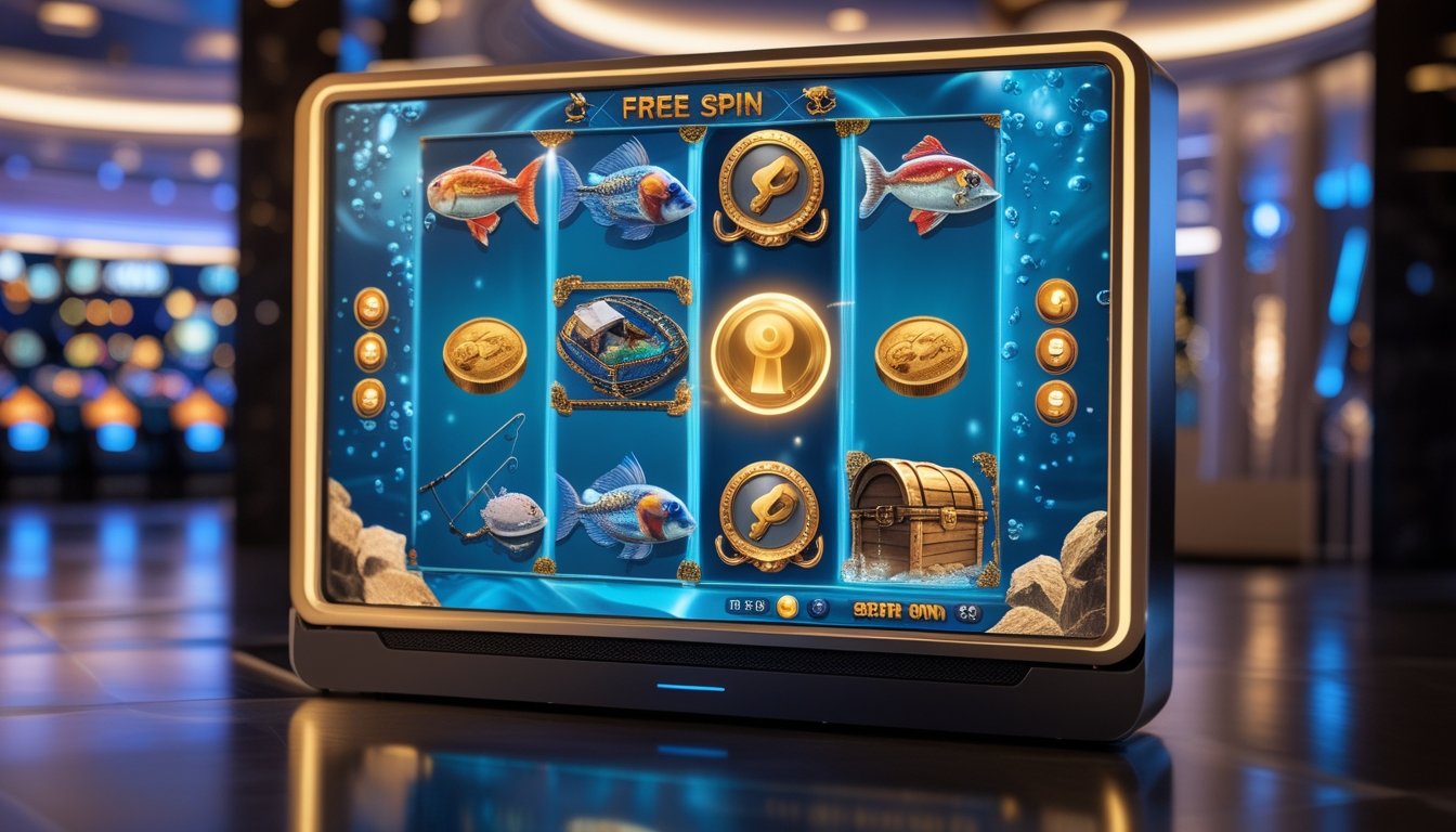 Tampilan permainan slot bertema memancing dengan simbol kunci bercahaya, ikan, peti harta karun, dan koin.