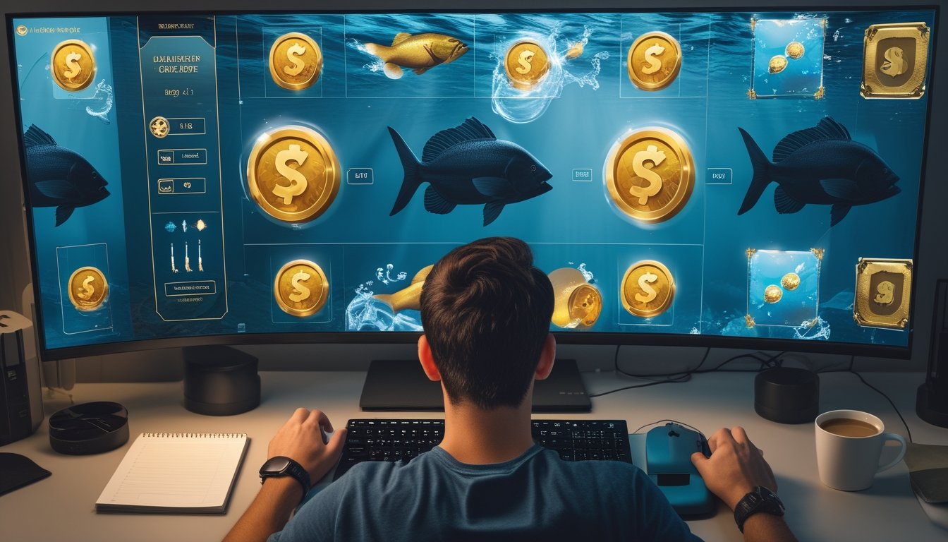 Seseorang menganalisis permainan bertema memancing di depan monitor, dengan simbol ikan hitam, koin, buku catatan kosong, dan kalkulator.