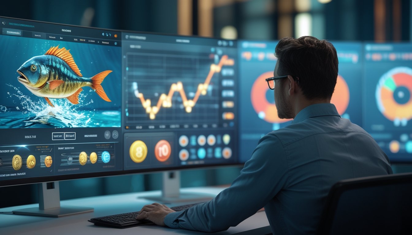 Seorang analis mengamati beberapa layar berisi grafik abstrak dan simbol ikan dalam ruang kerja modern.