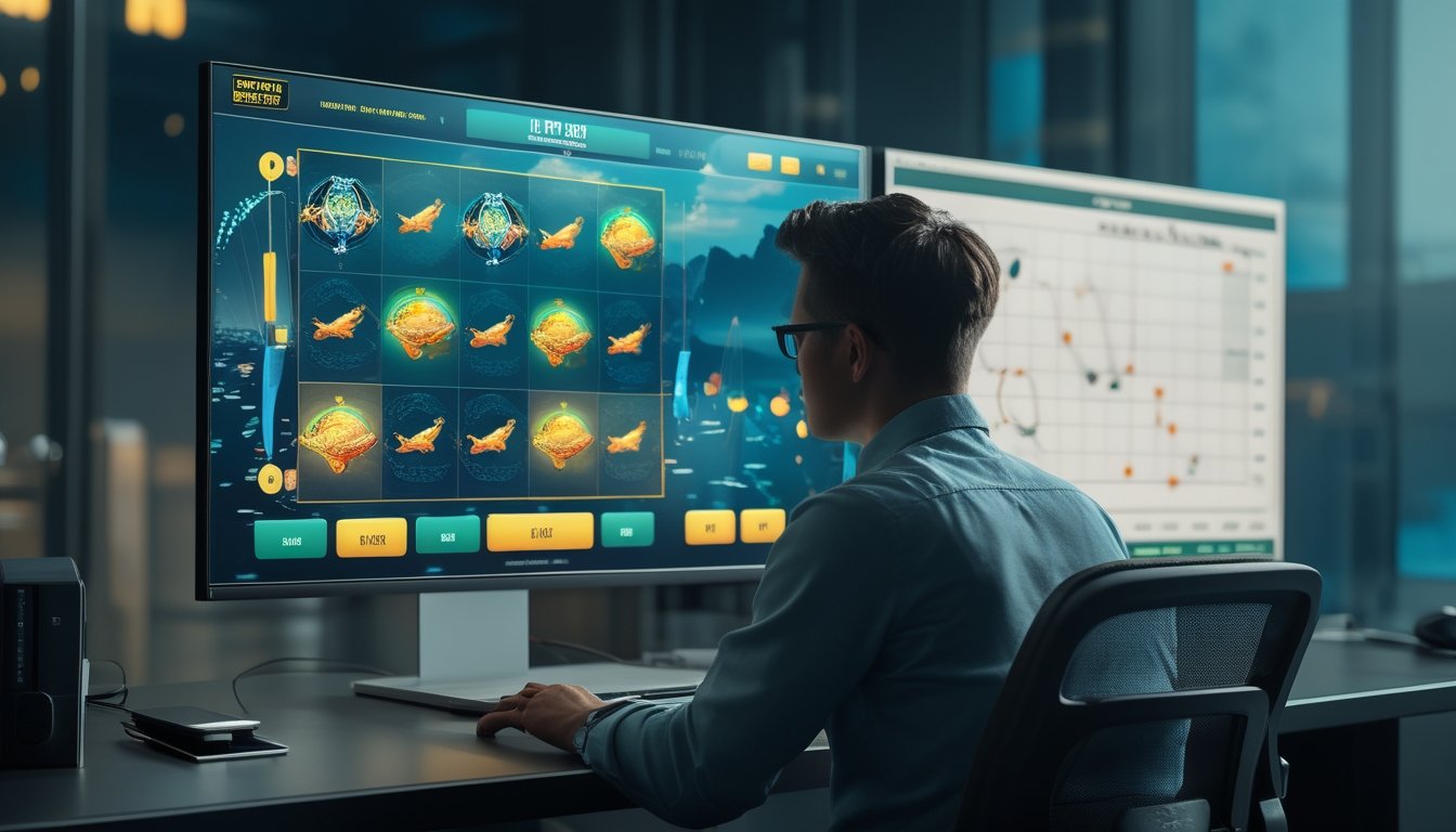 Seorang analis mengamati tampilan permainan bertema memancing dan pola grafik abstrak di dua monitor.