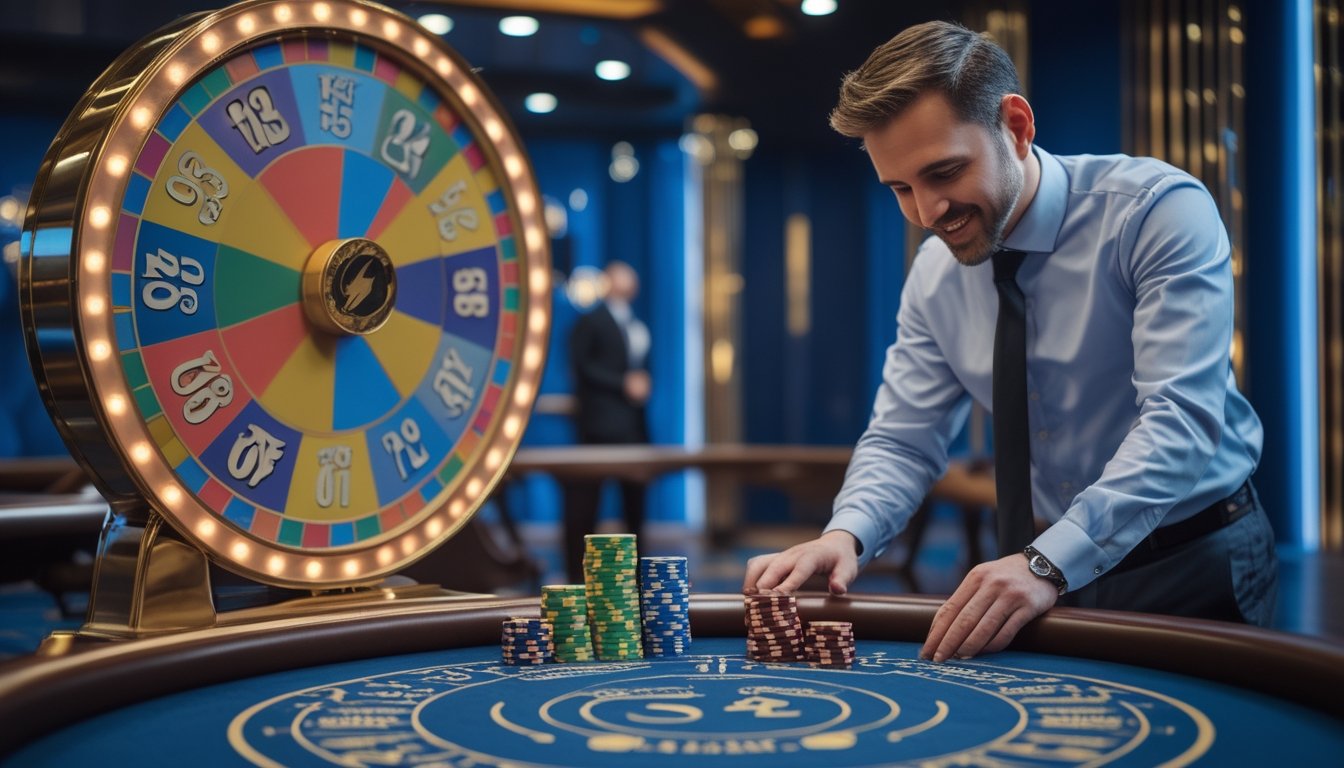 Pemula mempelajari permainan roda Big Six di meja kasino bersama dealer profesional.