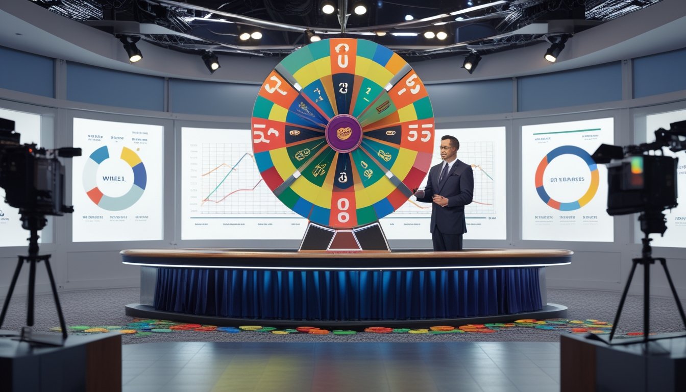 Presenter menjelaskan roda permainan Big Six Wheel di studio kasino dengan penunjuk dan kepingan warna-warni.