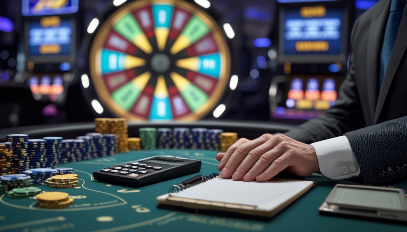 Meja permainan Money Wheel dengan keping taruhan yang ditata rapi, kalkulator, dan buku catatan kosong di lingkungan kasino.