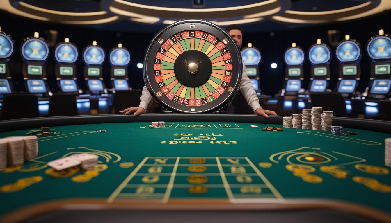 Dealer berdiri di samping roda Big Six dan meja taruhan dengan keping kasino.