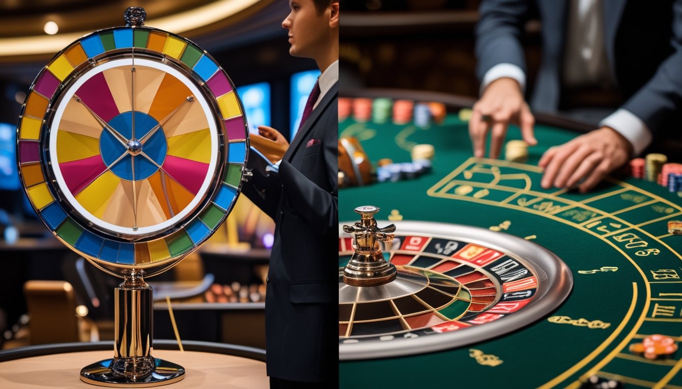 Seorang dealer berada di antara roda permainan Big Six dan meja roulette tradisional di dalam kasino.