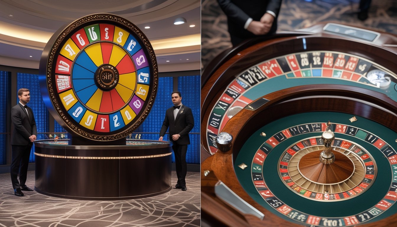 Croupier memperagakan permainan Big Six Wheel dan roulette tradisional dalam satu suasana kasino.