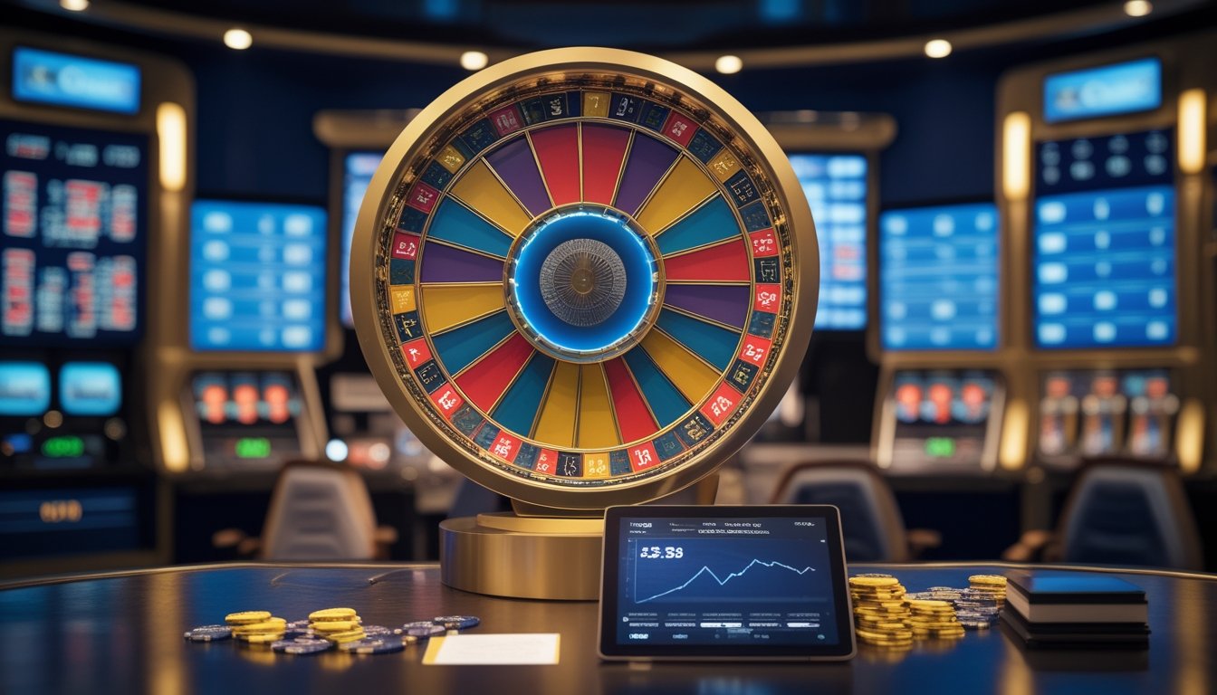 Dealer berdiri di samping roda kasino dengan chip, kalkulator, dan tablet analisis di studio kasino modern.