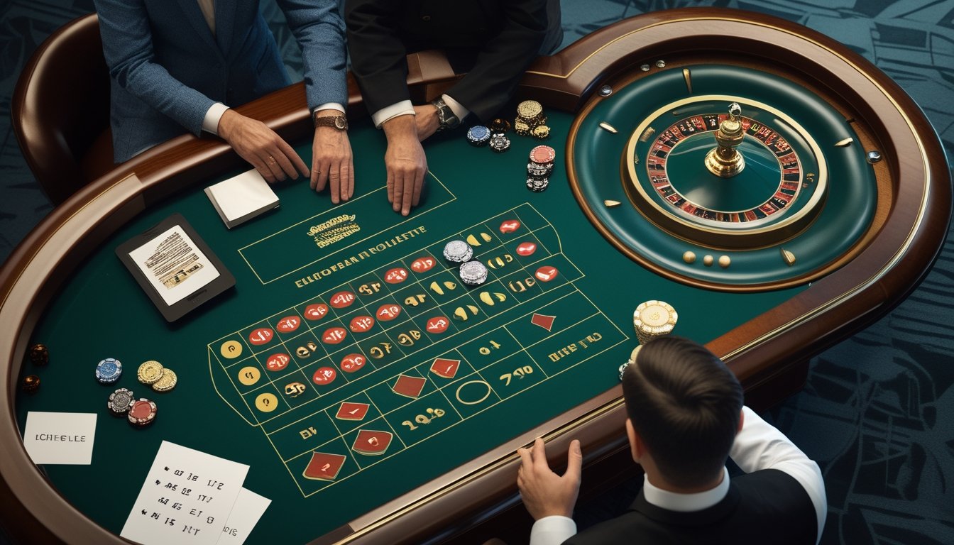 Seorang pemula mempelajari strategi roulette Eropa di meja kasino bersama dealer.