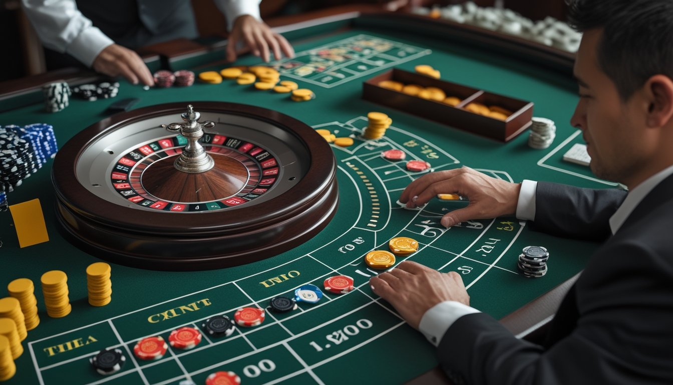 Pemula mempelajari roda roulette Eropa dan penempatan chip di meja kasino.