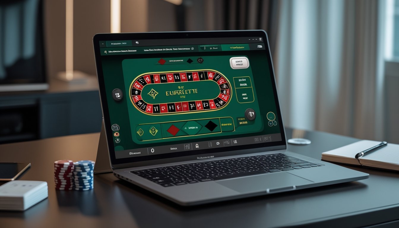 Laptop menampilkan meja roulette Eropa dengan beberapa chip dan catatan anggaran di meja kerja modern.