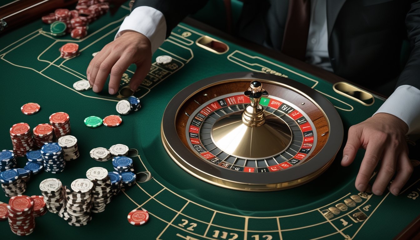 Roda roulette Eropa dan keping taruhan tersusun di atas meja kasino hijau.