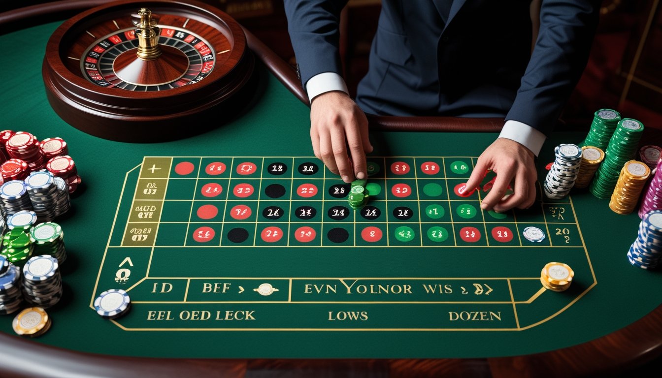 Meja roulette Eropa dengan roda roulette, susunan keping taruhan, dan tangan bandar kasino.