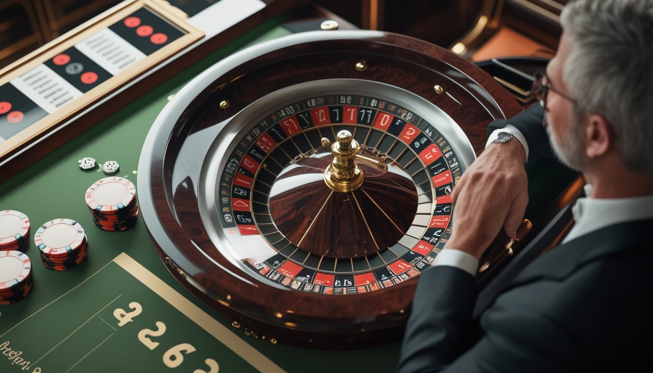 Meja roulette Eropa dengan roda satu nol, tumpukan chip yang meningkat, dan tangan pemain yang sedang menganalisis taruhan.