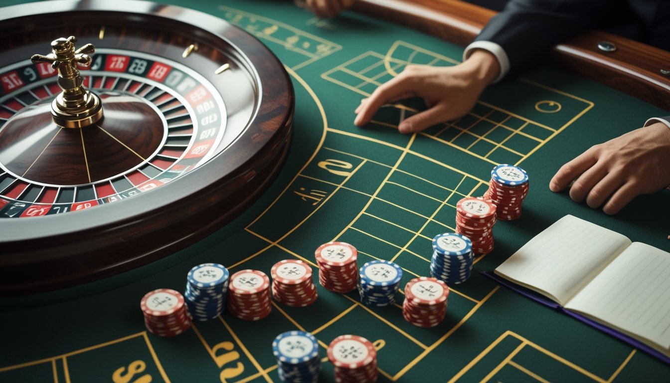 Roda roulette Eropa dan keping taruhan yang ditata bertahap di atas meja kasino.