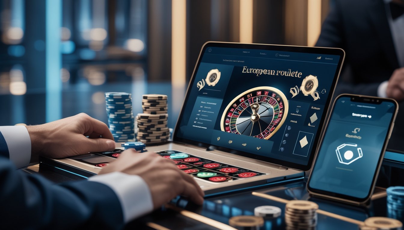 Roda roulette Eropa dengan keping taruhan di meja kasino modern yang elegan.