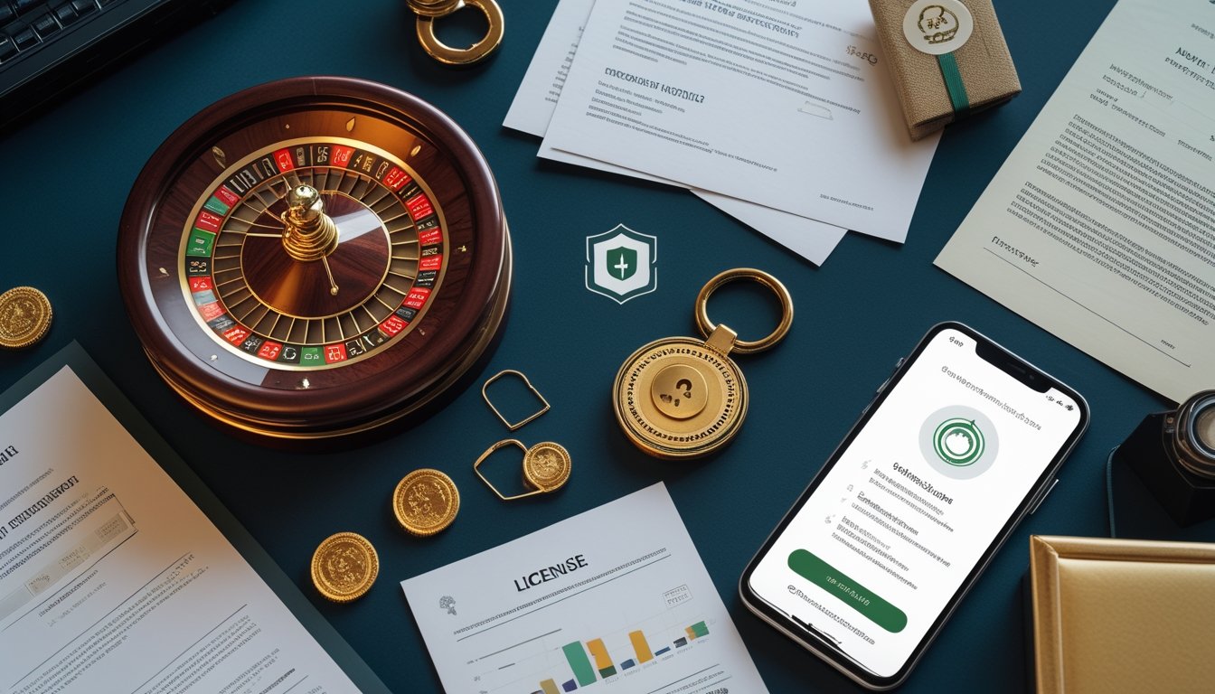 Roda roulette Eropa di samping dokumen lisensi, simbol keamanan digital, dan ponsel dengan antarmuka taruhan yang aman.