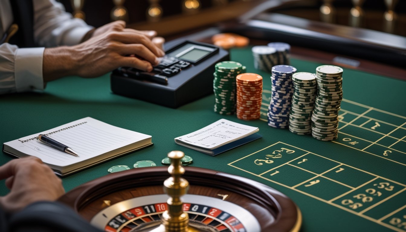 Seseorang menata sejumlah chip roulette secara teratur di samping buku catatan dan kalkulator di meja roulette.