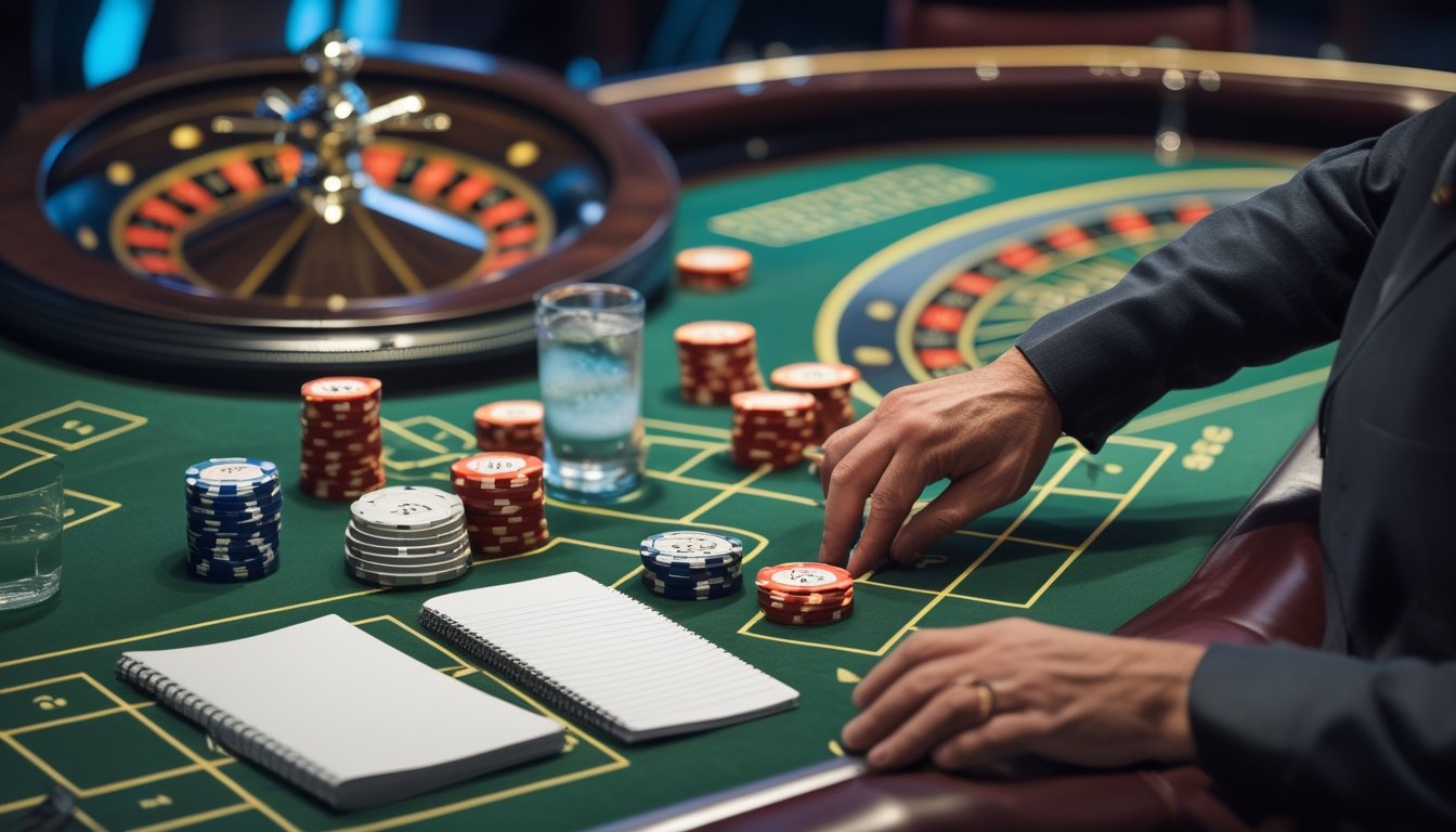 Tangan seseorang mengatur tumpukan chip secara terpisah di samping roda roulette Eropa, kalkulator, dan buku catatan kosong.