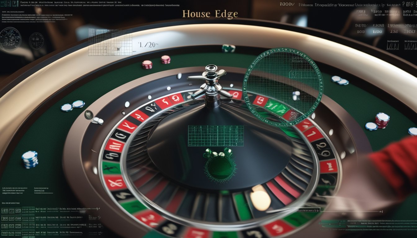 Roda roulette Eropa dengan bola, keping taruhan, dan elemen visual analisis probabilitas di meja kasino modern.