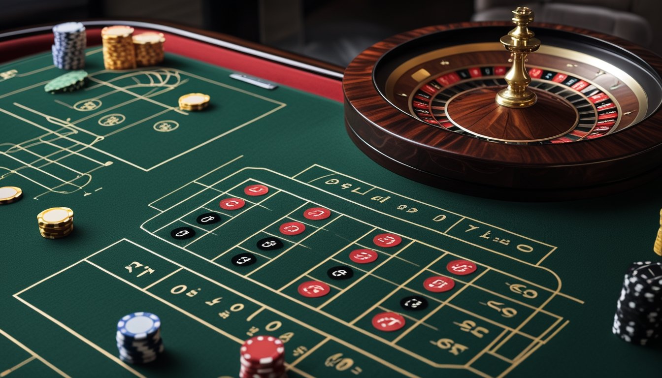 Meja roulette Eropa dengan roda roulette, keping taruhan, dan elemen visual abstrak yang menggambarkan analisis probabilitas.