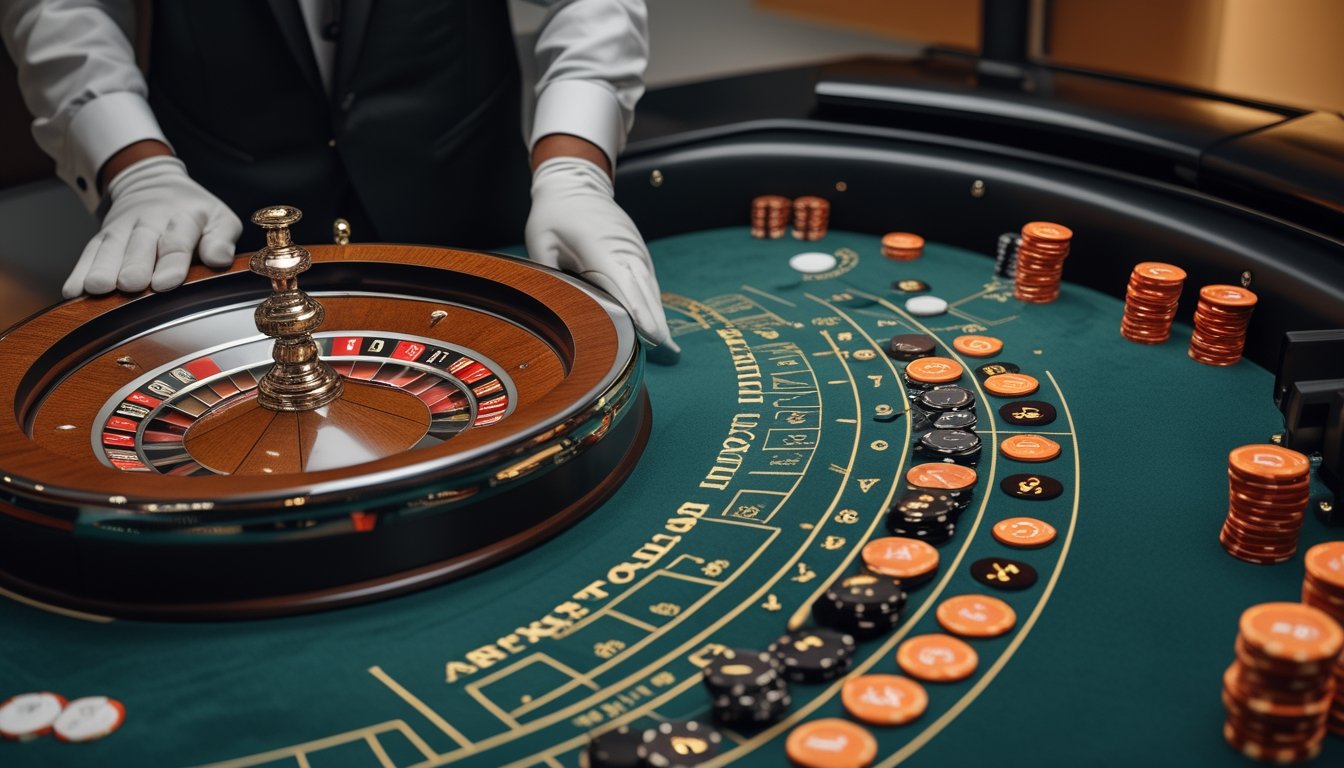 Dealer memutar roda roulette Eropa sementara pemain memasang keping taruhan di meja kasino.