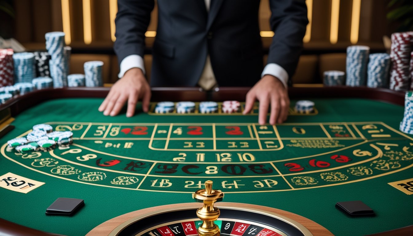 Dealer menunjukkan tata letak meja roulette Eropa dengan roda roulette dan keping taruhan.