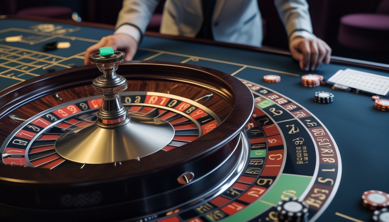 Meja roulette Eropa dengan roda roulette, keping taruhan, pemain, dan bandar kasino.